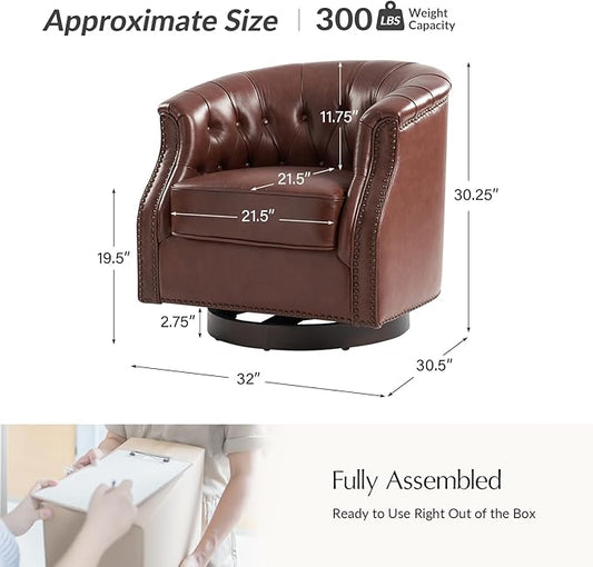 HULALA HOME Genuine Leather Swivel Accent Chair, Swivel Rocker Barrel Chair, Traditional Chesterfield Armchair with Button-Tufted Design, No Assembly Required, Brown