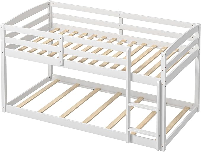 Giantex Twin Low Bunk Bed, Solid Wood Twin Over Twin Bunk Bed Frame with Full Guardrails & Integrated Ladder, Floor Twin Bunk Beds for Kids Boys and Girls, No Box Spring Needed, White