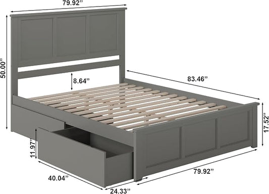 AFI, Madison King Solid Wood Platform Bed with Matching Footboard & Storage Drawers, Grey