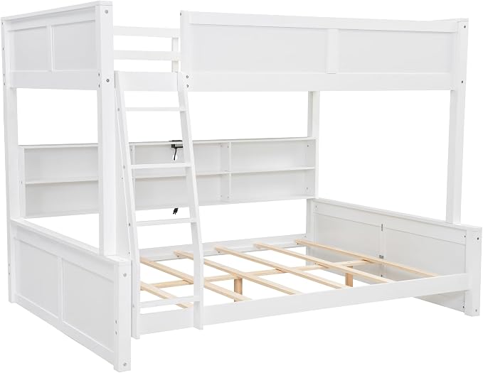 RUNNA Full XL Over Queen Bunk Bed with Storage Cabinets,USB,Antique White | Full XL on top for teens, queen below for adults. Solid pine frame, full guardrails & built-in charging—every bed, every age.