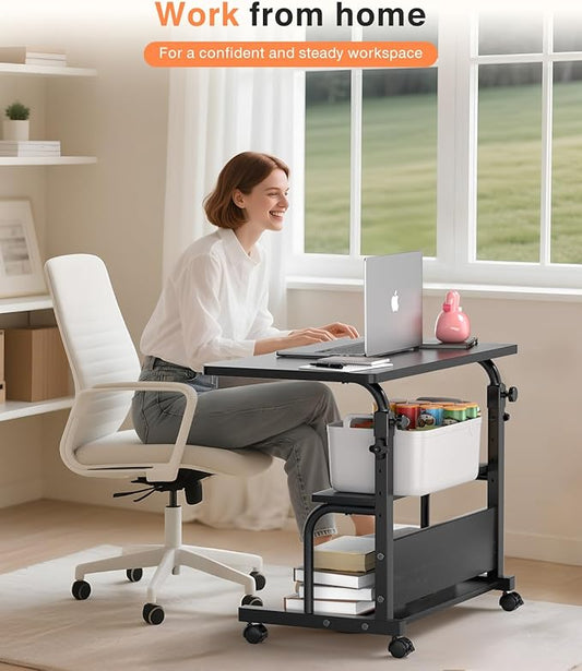 QZMDSM Portable Rolling Desk on Wheels Adjustable Height Desks for Small Spaces, 32" Computer Desk Drafting Tables with Storage Shelves for Home Office Black