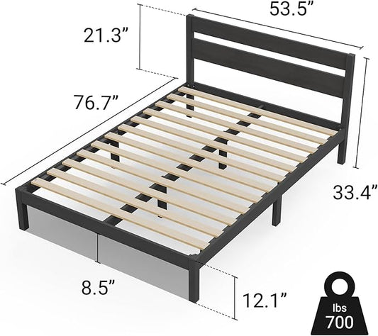 LIFEMENT Full Bed Frame with Headboard Classic Wood Platform, Noise Free, Under Bed Storage, No Box Spring Needed, Easy Assembly, Black