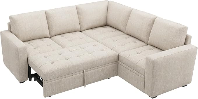 HONBAY Modular Sectional Sleeper Sofa with Pull Out Bed L Shaped Couch with Storage Seat Sectional Couches for Living Room,Beige