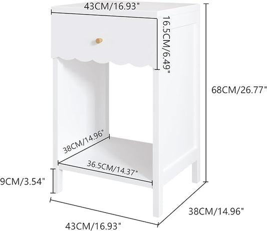 Cute White Nightstand with Drawer and Open Shelf, Scalloped Edge Design Bedroom Bedside Table, Wood End Table for Kids Girls Bedroom, White