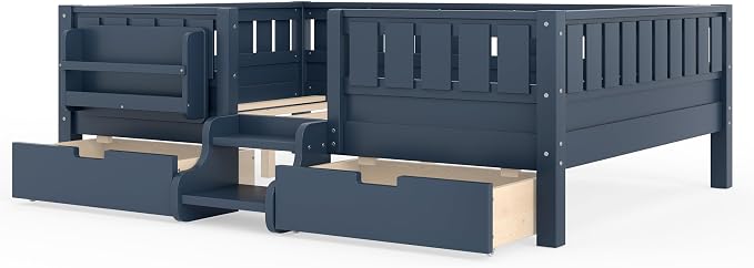 Bellemave Full Floor Bed with Stairs, Rails and Slats, Full Size Montessori Floor Bed with Bookshelf and 2 Storage Drawers, Easy Assemble Montessori Beds Frame for Girls, Boys, Blue