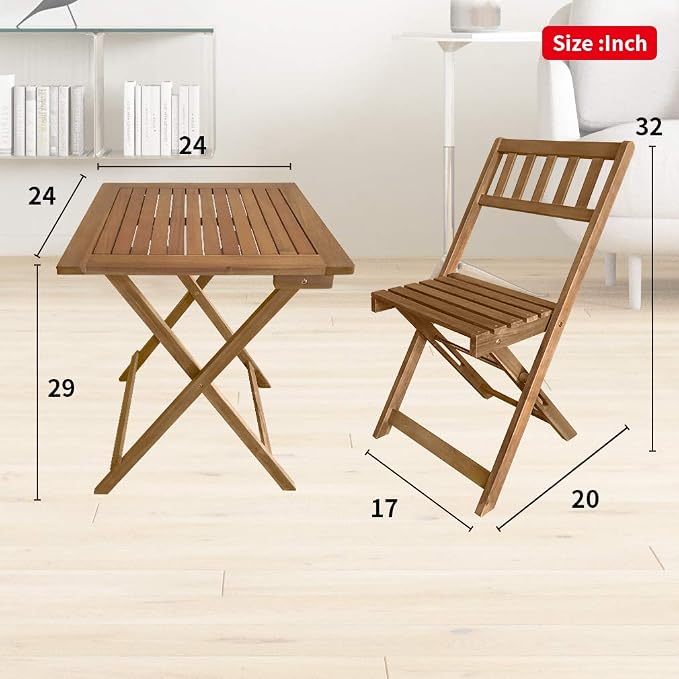 3-Piece Acacia Wood Folding Patio Bistro Set Outdoor Bistro Set Table and Chairs Set with 2 Chairs and Square Table for Pool Beach Backyard Balcony Porch Deck Garden Wooden Furniture, Natural