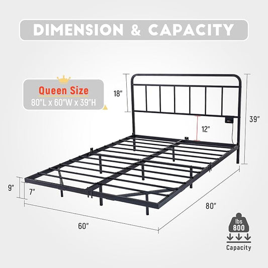 Floating Queen Size Platform Bed Frame with LED Lights & Charging Station - Includes Powered Screwdriver for Assembly, Mattress Fasteners & Corner Pads, Hardened Steel