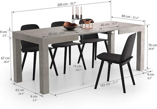 Mobili Fiver, First Extendable Table, 47.2(78.7) x31.5 in, Concrete Effect, Grey, for 6-8 People, Expandable Dining Table for Kitchen, Living Room, Italian Furniture