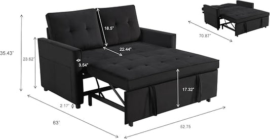 Sofa Bed, Pull Out Couch with Side Pockets, 3 in 1 Velvet Fabric Loveseat Sleeper Sofa Bed, Pull Out Couch with Adjustable Backrest for Living Room, Bedroom, Apartment, Black, 53 Inch