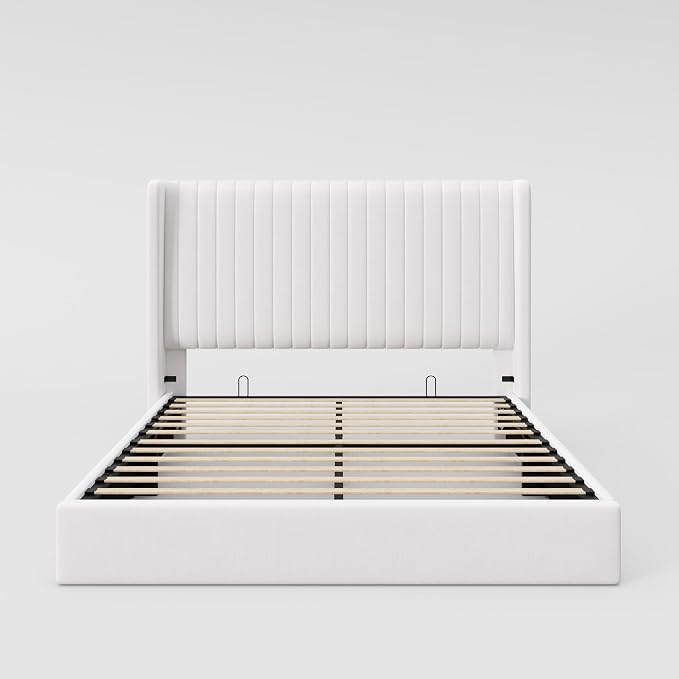 Allewie Full Size Lift Up Storage Bed Frame, Hydraulic Support System, Upholstered Platform Bed Frame, Underneath Storage, Vertical Channel Tufted Headboard with Wingback, No Box Spring Needed, White