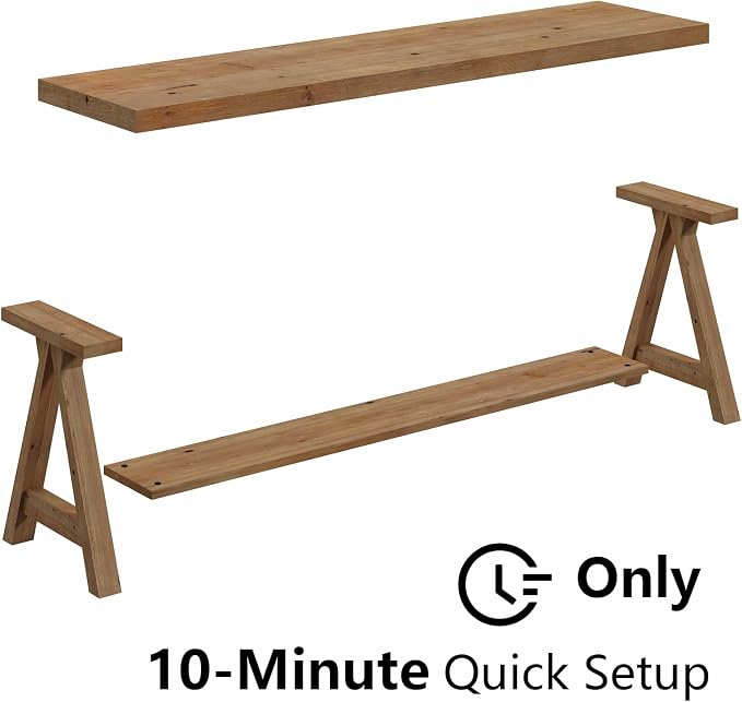 RowyPoey 54" Solid Wood Bench, Long Farmhouse Entryway Bench with Storage Shelf, Triangular Leg Design, Narrow Rustic Benches for Hallway, Bedroom, Dining, Kitchen, Easy Assembly