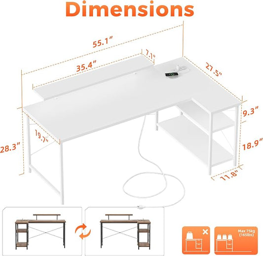 Mericonia Small L Shaped Computer Desk with Power Outlets, Reversible Gaming Desk with Storage Shelves & Monitor Stand, Corner Gamer Desk Table, Study Writing Table