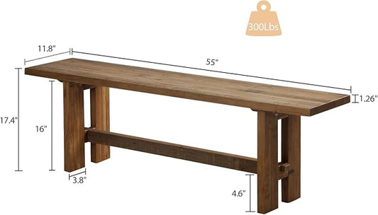 HOKYHOKY Reclaimed Solid Wood Bench, 55" Farmhouse Entryway Bench for Hallway, Kitchen, Dining, Bedroom, Narrow Indoor Bench with Rustic Charm