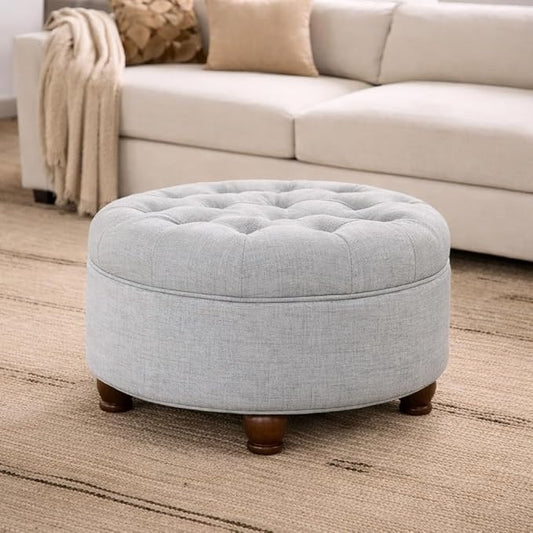HomePop 25" Button Tufted Round Storage Ottoman - Light Blue