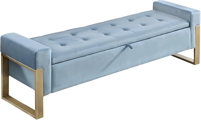 67'' End of Bed Storage Bench, Storage Ottoman Bench for Bedroom King Size, Modern Velvet Bed Benches for Foot of Beds with Gold Legs for Window Living Room Entryway, Light Blue