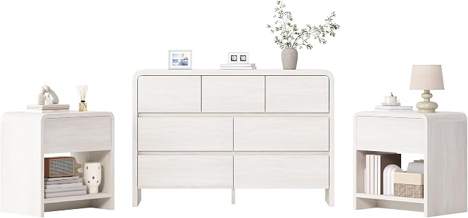 AMERLIFE Modern 3-Piece Bedroom Furniture Set with 7-Drawer Dresser and 2 Nightstands, Large Storage Capacity, Rounded Corners, Flexible Combination Design, Anti-Tip Kit Included, White