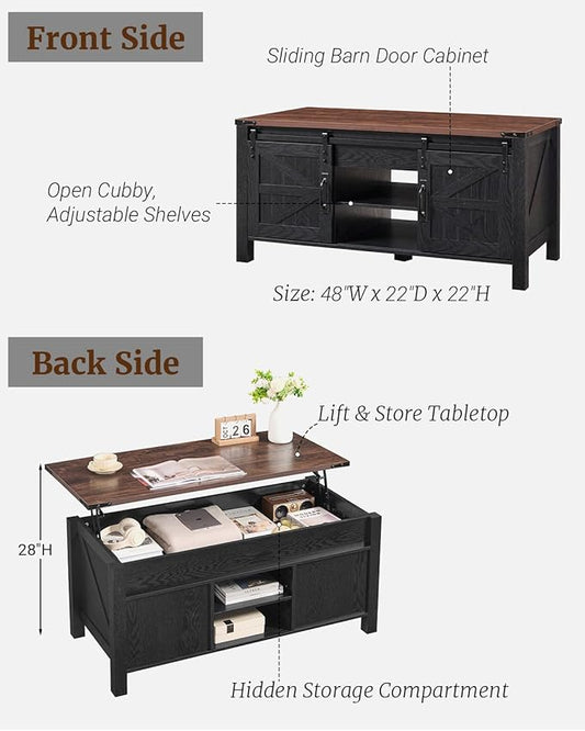 OKD 48" Farmhouse Lift Top Coffee Table with Sliding Barn Door, Rustic Center Table w/Hidden Storage Compartment, Lift Tabletop Dining Table w/Adjustable Shelf for Living Room,Black & Walnut Oak