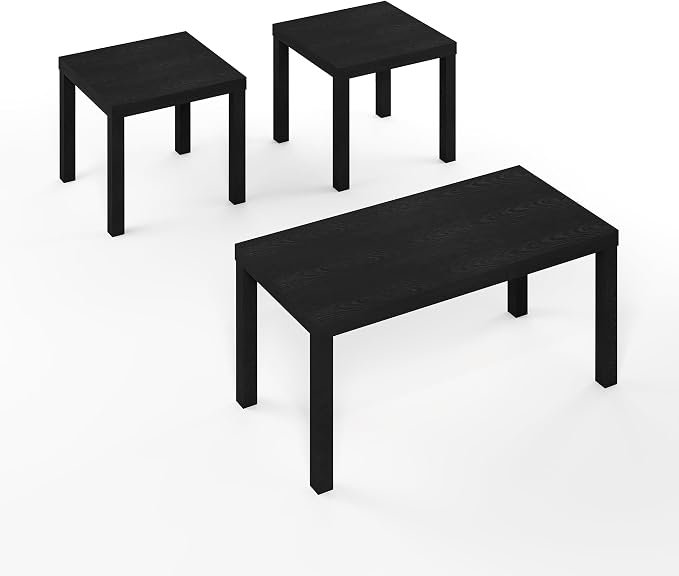 Furinno Classic Living Room Table Set of 3, Modern Rectangle Coffee Table with 2 Square Side Tables, End Tables, 1.8 Inch Thick Tabletop for Living Room, Home Office, Black