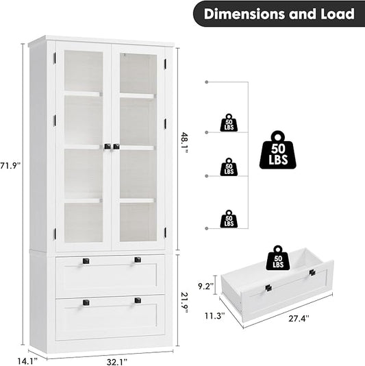 72" Tall Kitchen Pantry Cabinet - Modern Display Storage Cabinet with 2 Large Drawers, Glass Doors, and Adjustable Shelves, Farmhouse Kitchen Cupboard for Dining Room, Bathroom, Living Room, White