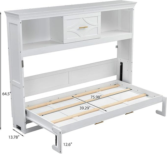 Merax Farmhouse Wood Murphy Bed Chest with Charging Station & Drawer | Storage Wall Bed with Wood Slat Support /No Box Spring Needed, Space Saving, Twin ,White