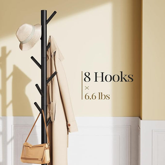 Pipishell Solid Wooden Coat Rack Freestanding, Hall Tree with 8 Hooks, 3 Height Options for Coats, Hats, Handbags, and Scarves, Tool-Free Assembly, Space Saving Design for Entryway, Office, Bedroom