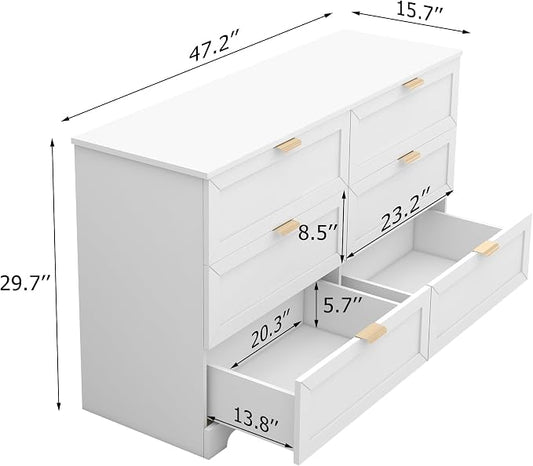 6 Drawer Dresser for Bedroom, Modern Long Chest with Large Drawer, Wooden Chest of Dresser Storage Cabinet Organizer Unit for Living Room, Cloakroom, Entryway, Hallyway (White)