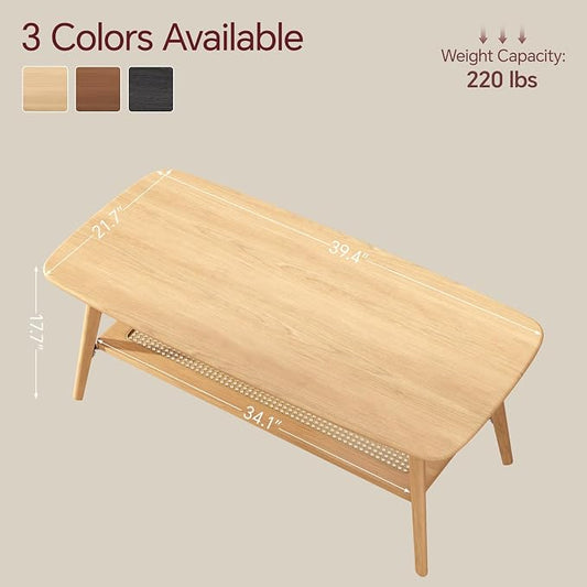 Coffee Table Small Solid Wood Center Table Mid Century Vintage Living Room Coffee Table, Original Rattan 39.37 Inch