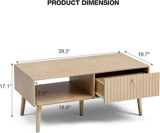 LCRBOL Coffee Table with Fluted Drawer, Modern, Oak | 39.3"W x 19.7"D x 17.1"H, 1 fluted drawer & open shelf, golden handle, 5 legs, ~45 min assembly
