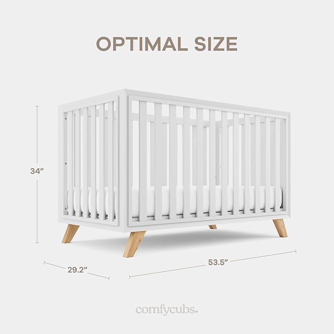 Comfy Cubs Baby Crib for 0 to 3 Years - Adjustable Mattress Height, Natural Wooden Crib for Baby, Elegant Nursery Furniture - 80 lbs Capacity Nursery Bed - White Bars and Frame with Natural Wood Leg