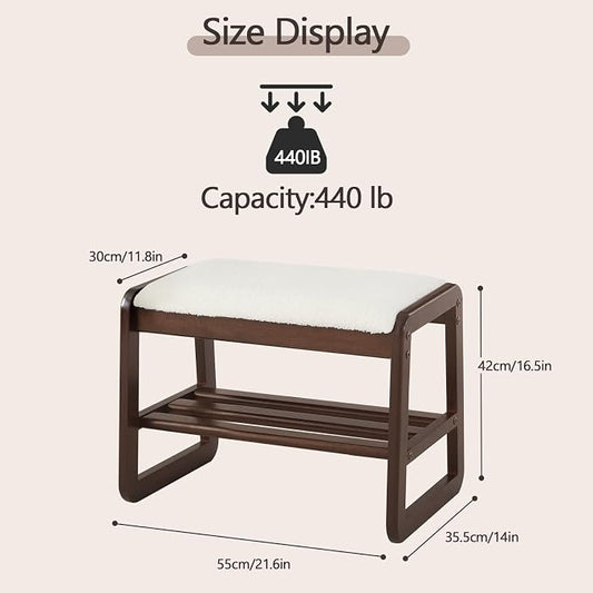 Achicsofar Small Shoe Rack Bench,2 Tier Solid Wooden Entryway Bench with Shoe Storage, Shoe Rack with Cushion for Living Room, Hallway(CreamWhite, 21.6")