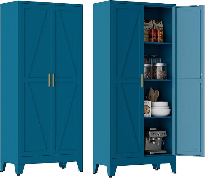 Blue Metal Kitchen Pantry Cabinet, 61" Tall Farmhouse Storage Cabinet with 2 Vintage Barn Doors and 4 Adjustable Shelves, Rustic Freestanding Cupboard for Kitchen,Home Office Living Room,Dining Room
