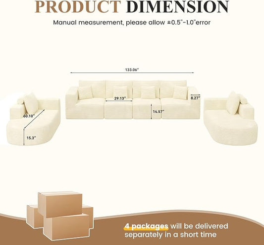 Living Room Furniture Sets,Modern U Shaped Modular Sectional Sofa,Convertible Cloud Couches for Living Room,Comfy 4 Seater with 2 Chaise Furniture Set, Boneless Couch Sofa,1 PCS