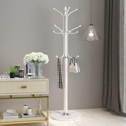 Kertnic Freestanding Coat Rack Stand, Heavy Duty Metal Hall Tree with 12 Hooks, 70 Inch Tall Stable Coat Hanger with 14.6" Natural Marble Base, Entryway Organizer for Coats Bags Hats Purses (White)