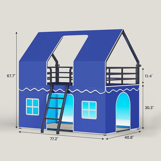 BTHFST Bunk Bed Twin Over Twin with Play Curtain, House Bunk Bed with LED Lights, Metal Boys Bunk Bed with Inclined Ladder and Guardrail, Space Saving, No Box Spring Needed, Royal Blue