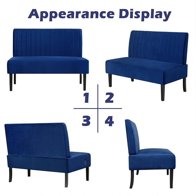 STHOUYN Mini Comfy Couch Armless Loveseat Sofa with USB Port, Velvet Couches for Small Spaces Living Room, Apartment Office Dorm (Navy Blue)