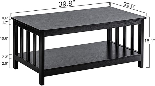 ChooChoo Mission Coffee Table, Black Wood Living Room Table with Shelf, 40 Black