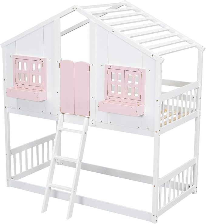 PVWIIK Twin Over Twin House Bunk Beds with Window Door & Roof, Solid Wood Playhouse Bunk Bed w/Window Box & Ladder,No Box Spring Needed & Space Saving for Boys and Girls, Pink/White