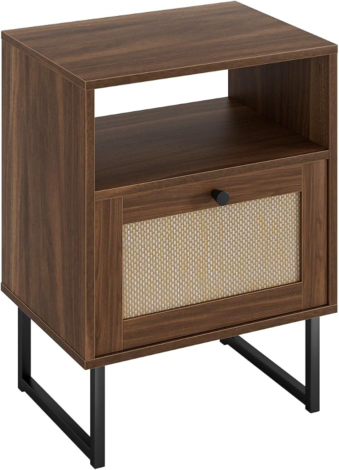 Masupu Rattan Nightstand,Modern Boho Farmhouse Wood Bedside Table with Storage Drawer and Open Shelf,Small Black Frame Side End Table for Bedroom,Living Room,Office (Walnut)