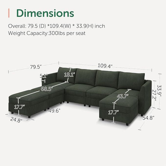 HONBAY Modular Sofa U Shaped Sectional Couch with Storage, Convertible Modular Sofa 7 Seats Sectional for Living Room - Green