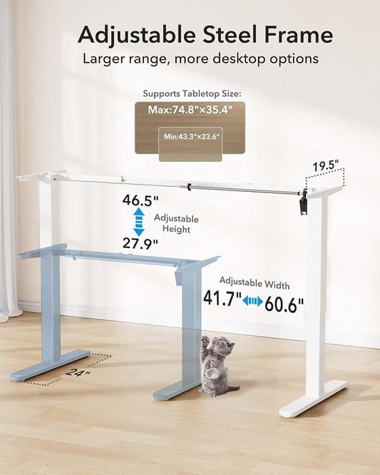 HUANUO Electric Standing Desk Legs for 43"-75" L & 24"-31" W Desktop, White | Brushless Motor,220lbs Heavy Duty,28.3"-46.5" Height Range,4 Memory Presets,Cable Management, Stable Steel Frame