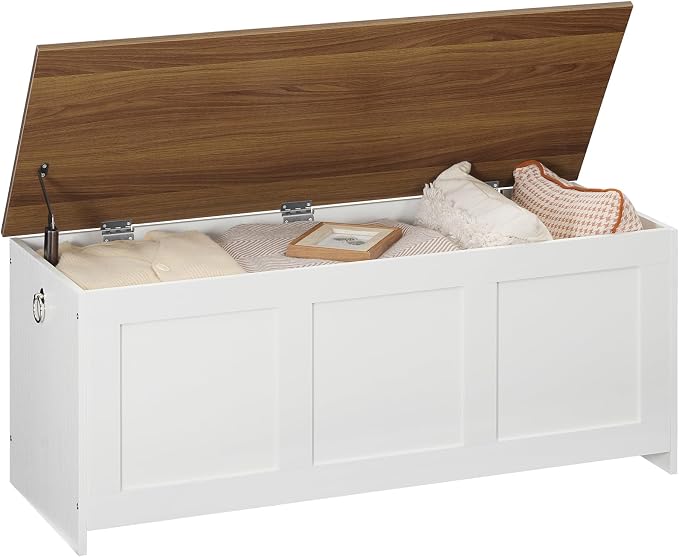 HOOBRO Storage Bench, 39.3" Retro Wooden Storage Chest, Wooden Storage Trunk, Toy Chest with Lift Top, Multifunctional Entryway Organizer, for Entryway, Living Room, White and Walnut WH141CW01G1