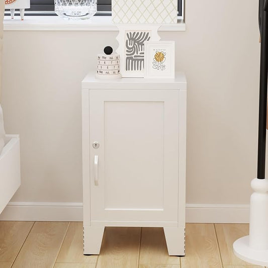 ALBAD Metal Nightstand with Lockable Cabinet, Compact Mini Locker Bedside Table for Kids & Adults, Modern Steel Side Table for Bedroom, Dorm, or Living Room (White)