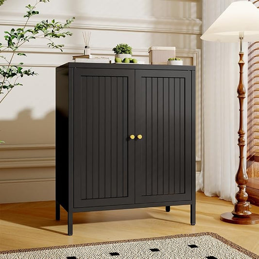 Metal Accent Storage Cabinet for Bedroom, LivingRoom, Office,Kitchen- Metal Locker Cabinet with 1 Adjustable Shelves-Bathroom Floor Storage Cabinet Freestanding Organizer(Stripe Door, Black)