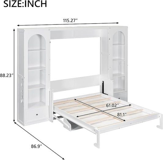 PVWIIK Queen Size Murphy Bed with Storage Drawers & Desk for Save Space & Small Space,Bedroom,Guest Room,Wall Bed Frame Folding into Cabinet Design w/LED & Storage Shelf,White