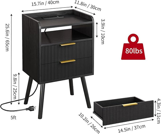 Fixwal Black Fluted Nightstand with Charging Station, LED Night Stand with 2 Wood Drawers for Bedroom, Modern Bedside Table, 15.7 x 11.8 x 25.6in