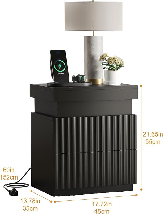 Nightstand Set of 2 Black Nightstand with Charging Station LED Night Stands with Drawers Modern Bedside Table with Sliding Top Night Table Fluted End Tables for Bedroom, Apartment, Dorm