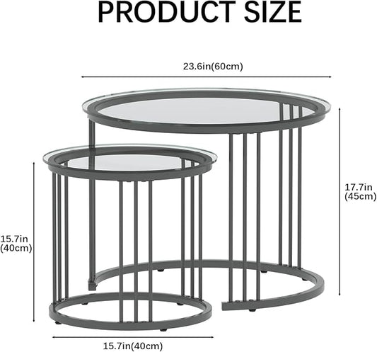 Garden 4 you Nesting Coffee Table, 23.6" Round Coffee Table Set of 2, Glass Nesting Table with Metal Frame, Ceter Tables for Living Room Bedroom Balcony, Grey
