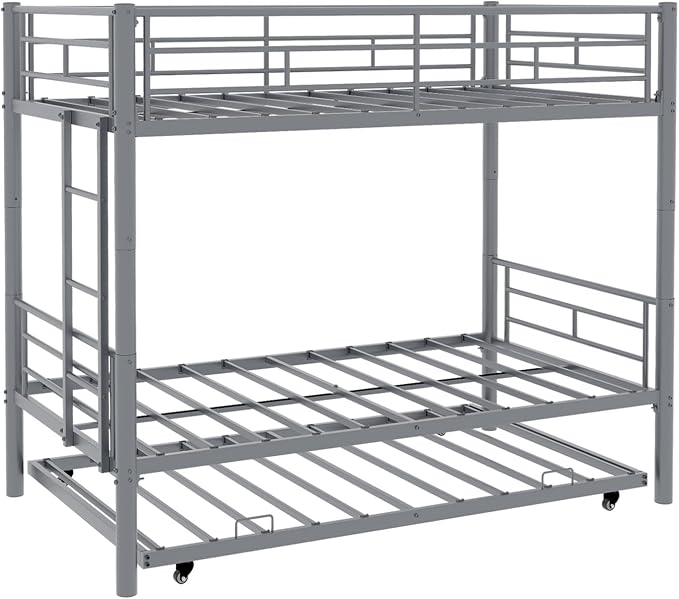 Metal Bunk Bed with Trundle, Space-Saving Bunk Bed Twin Over Twin with Ladders and Safety Guardrail, Heavy Duty Twin Bed Frames, No Box Spring Needed and Noise Free(Silver)