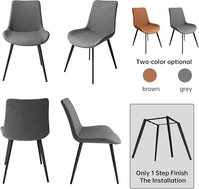 HIPIHOM Dining Chairs Set of 4, Modern Dining & Kitchen Room Chairs, Upholstered Faux Leather Cushion Seat and Sturdy Metal Legs (4 Grey Chairs)