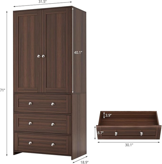 VOWNER Armoire Wardrobe Closet with Drawers and Mirror, 71" Clothing Storage Cabinet with Hanging Rod, 2 Doors Wooden Wardrobe Cabinet for Bedroom, Large Capacity Storage